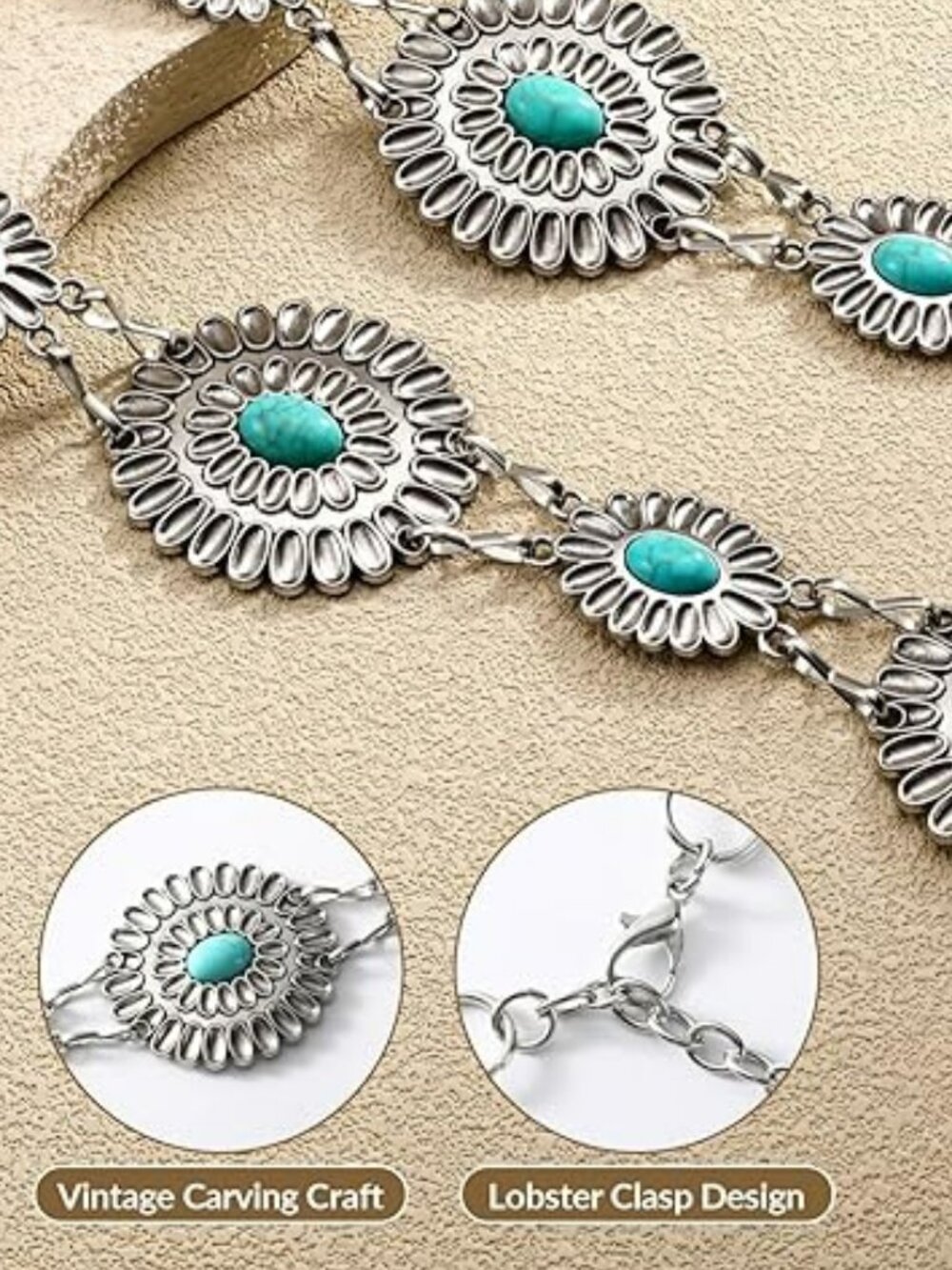 New - Women Western Concho Belt Cowgirl Boho Chain Belt Country Metal Belt - Picture 3 of 4